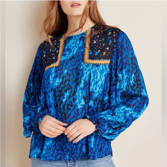 bl^nk bl-nk London Anthropologie Blue Leopard cheetah Miranda Peasant Blouse XS - Picture 1 of 9